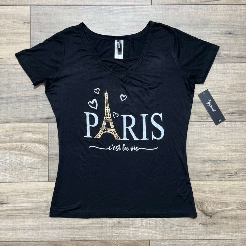Upparel Womens Eiffel Tower Paris Graphic Short Sleeve‎ Shirt Size Small Black